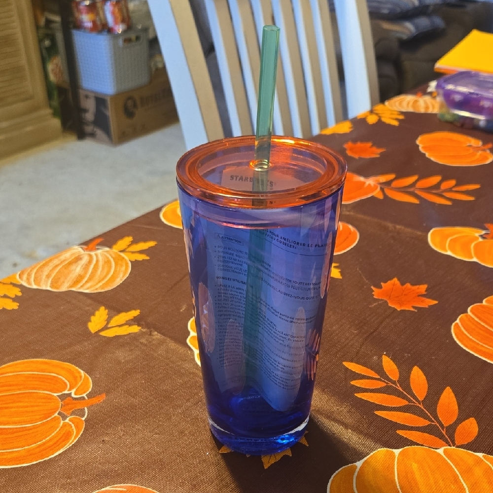 Starbucks Blue Tumbler with Pink Lid and Green Straw